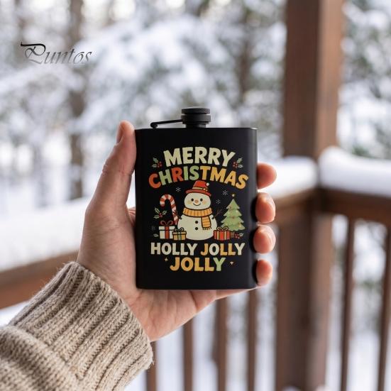 Festive Patterned Drinking Cup Beer Barrel Flask, 8oz Stainless Steel Oil Drum Shaped Flask with Small Gift for Christmas Prints Outdoor Camping Party