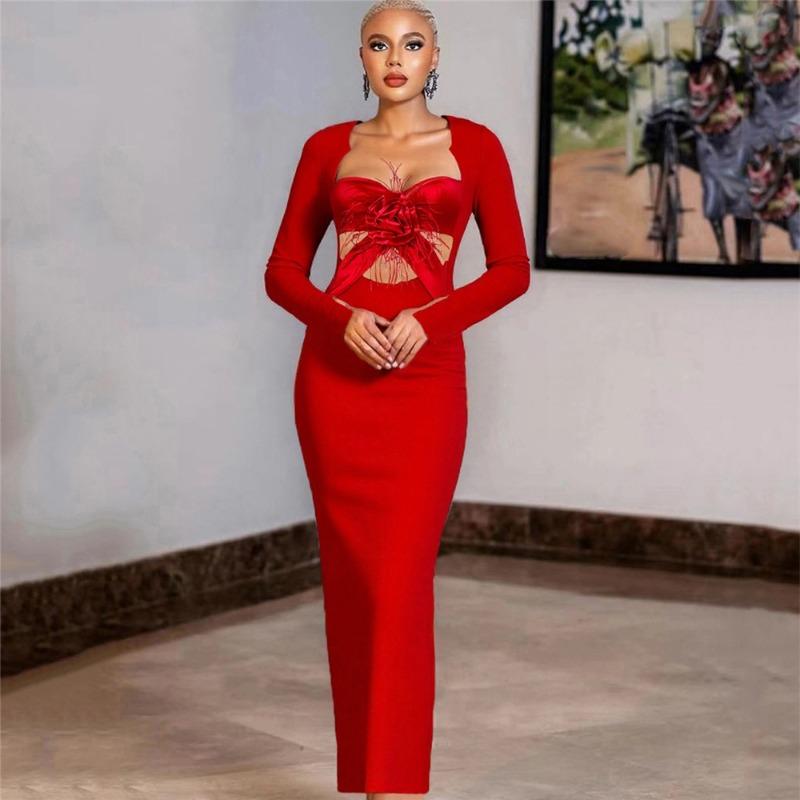 New wind bandage dress Christmas women's temperament long dress sexy long sleeve hollow evening dress