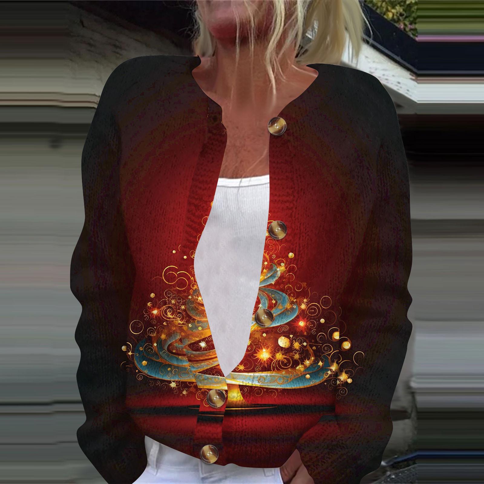 

Женская мода рождественский принт длинный рукав вязаный кардиган пуховик M