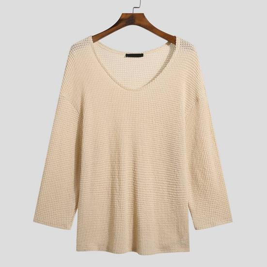 Spring Autumn Men Pullover Sweater V-Neck Long Sleeve Solid Color Knitted Tops Hollow