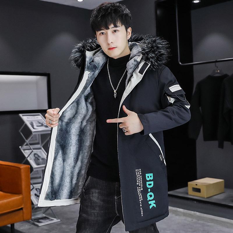 Men's Winter Fleece-Lined Hooded Cotton Coat - Color-Blocked, Warm, Mid-Length