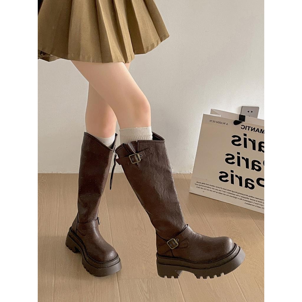 Brown British Coarse Heel Platform Boots Long Boots 2025 Autumn Skinny Height Growing Retro Knight Boots