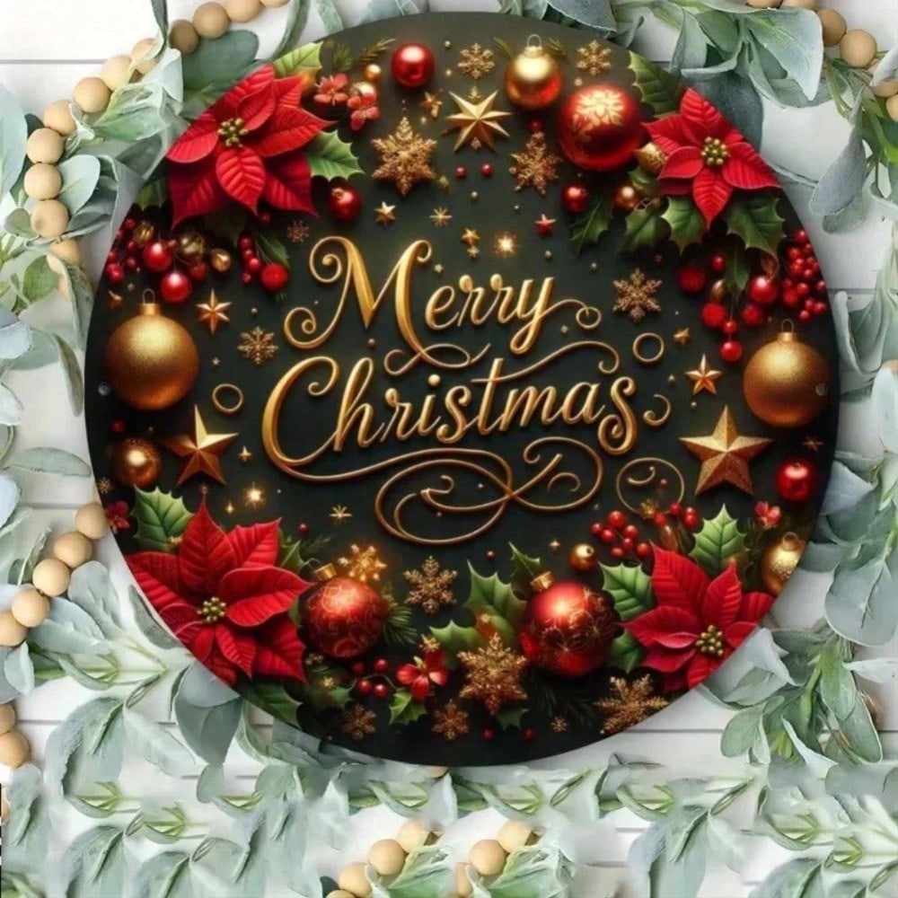 

8 Round Cozy Christmas Wreath Metal Sign, Festive Tin Plate Holiday Wall Decor For Home Living Room Kitchen 20x20