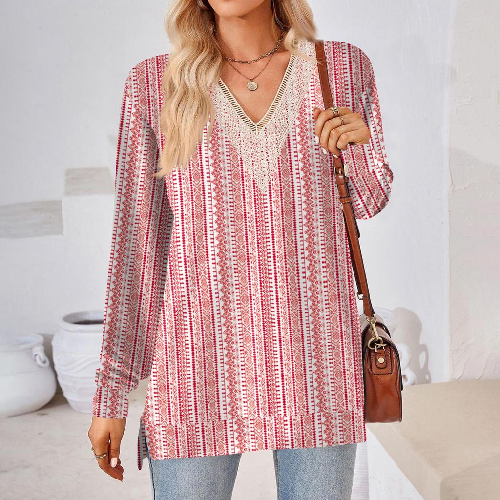 Womens Tops Loose V-neck Contrast Color Split Loose Long Sleeve T-shirt Women's Tops
