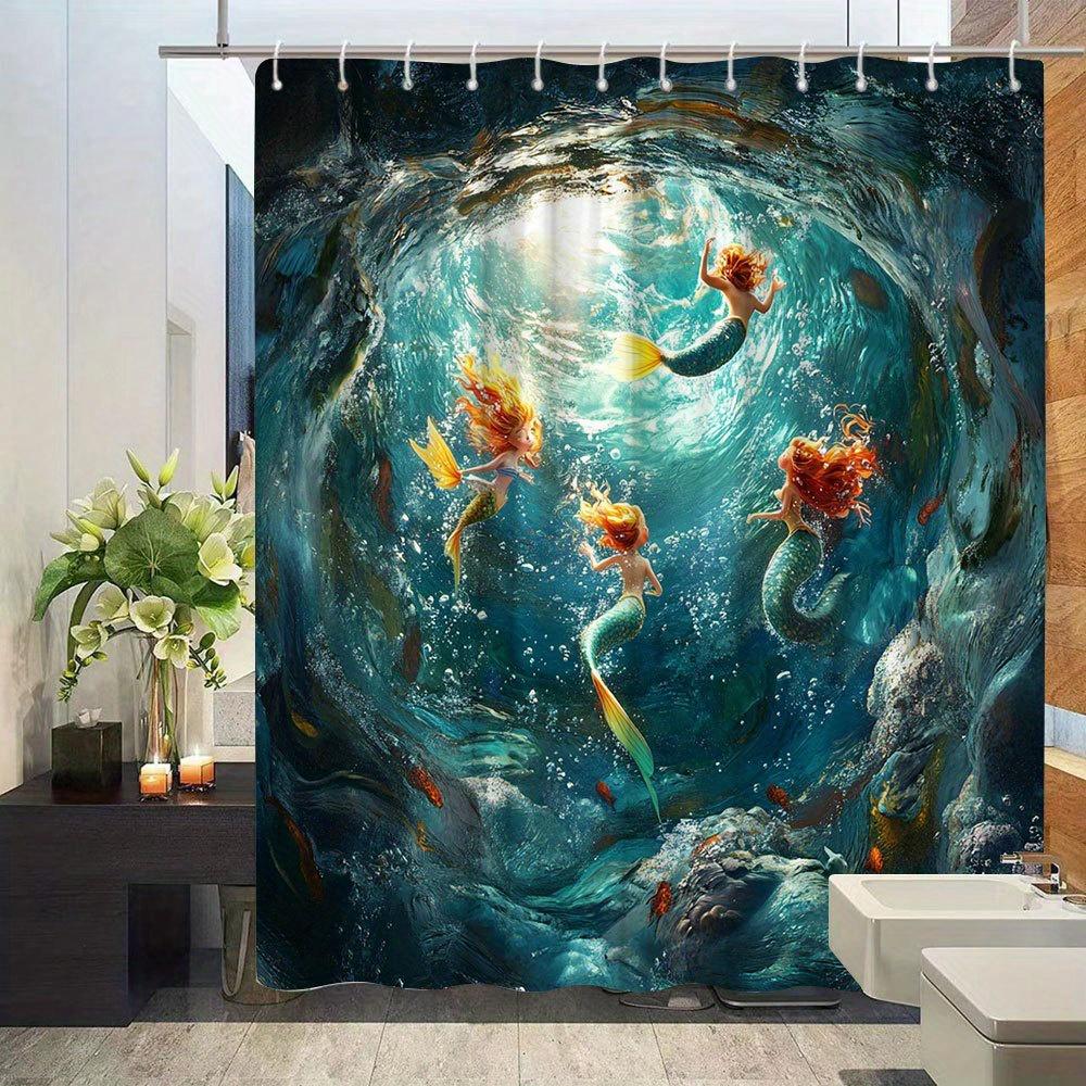 Mermaid Underwater Print Waterproof Shower Curtain For Bathroom, Ocean Life Design High-End Toilet Partition Curtain