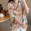 Ice Silk Summer Thin Girl Short-Sleeved Nightdress Cardigan Loose Medium And Long Full Print Loungewear