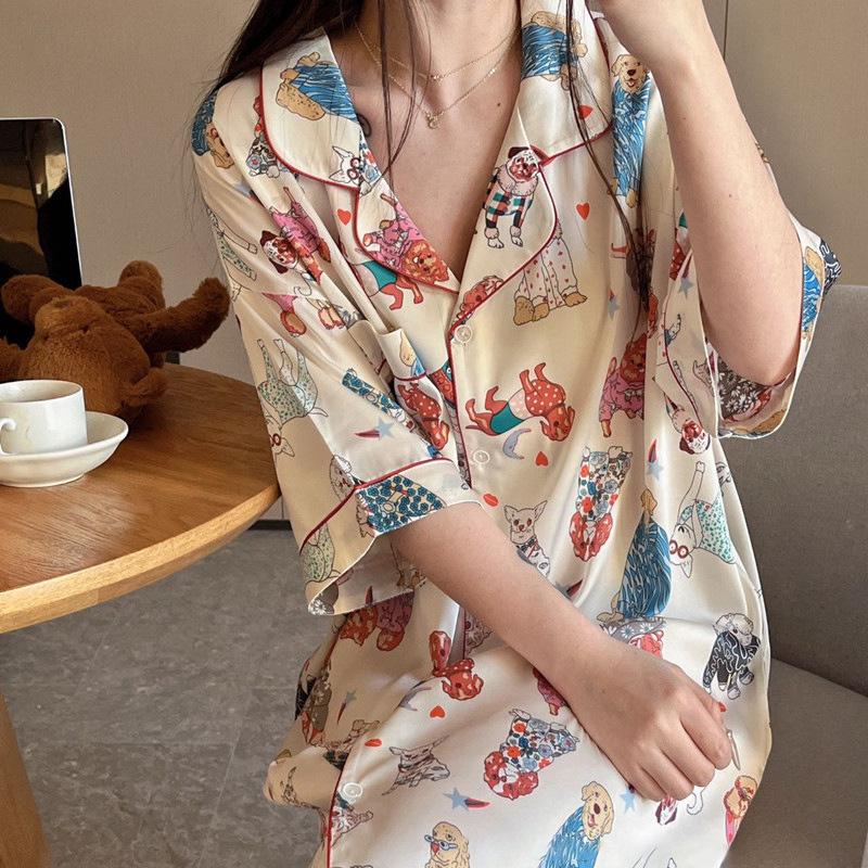 Ice Silk Summer Thin Girl Short-Sleeved Nightdress Cardigan Loose Medium And Long Full Print Loungewear