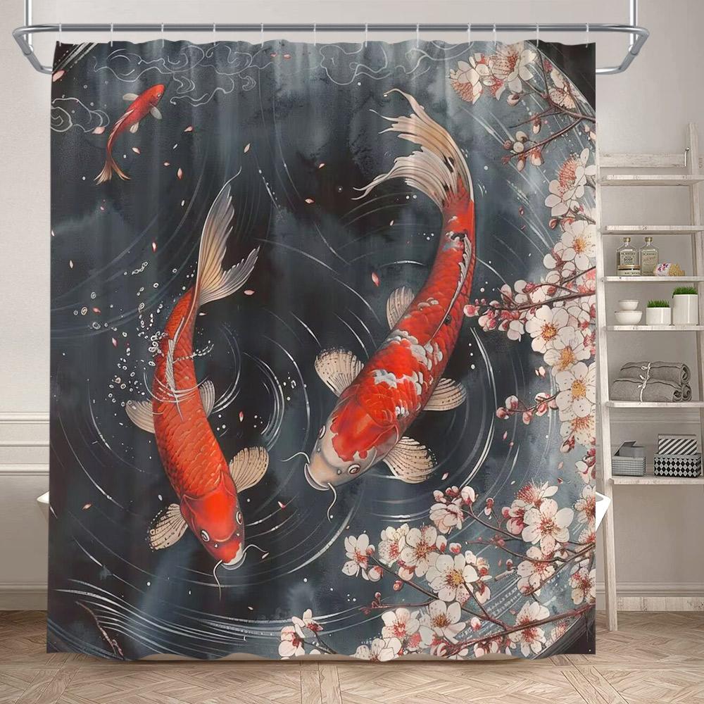 Pink Cherry Blossom Koi Fish Shower Curtains Watercolour Floral Lotus Leaves Carp Japanese Style Bathroom Curtain Set Home Decor