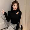 Women's Black Ribbed Slimming Semi-High Neck Knitted Top - Long Sleeve Autumn/Winter Fashion