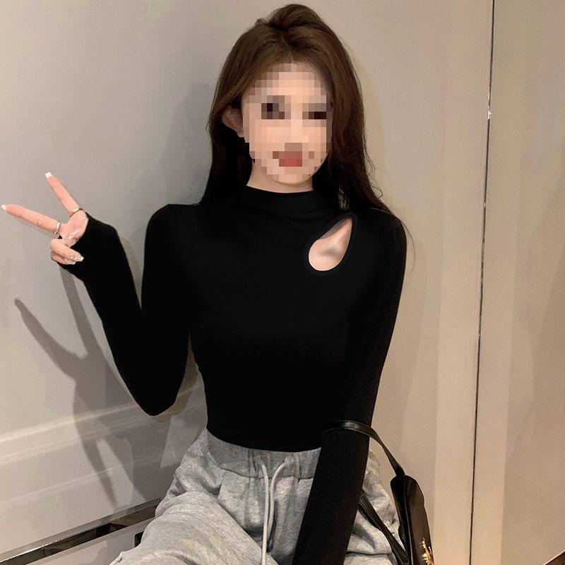 Women's Black Ribbed Slimming Semi-High Neck Knitted Top - Long Sleeve Autumn/Winter Fashion