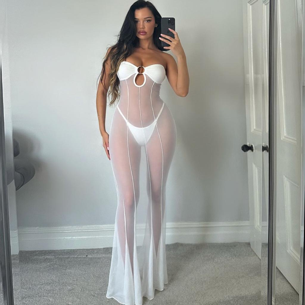 New Autumn and Winter Cross-border Women's Fashion One-shoulder Hollow Sexy Perspective Mesh Slim Dress for Women