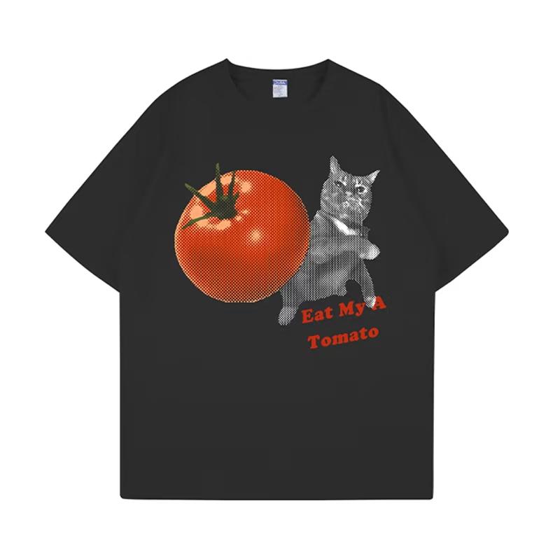 2026 Summer Funny Cat Meme Tshirt Tomato Throwing Kitten Printed Tshirt Couples Tshirt Unisexs Comfortable Plus Size Tshirt S