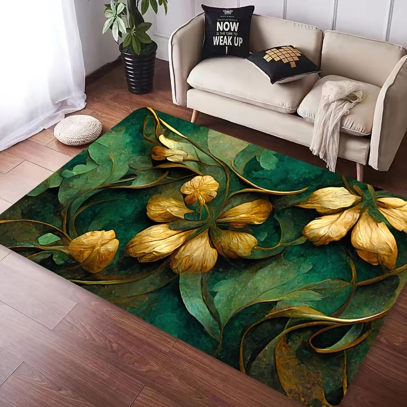 Dark Green Flower Bud Floral Print Area Rug, Aesthetic Painted Blossom Floor Mat for Bathroom Kitchen, Washable Decor Carpet