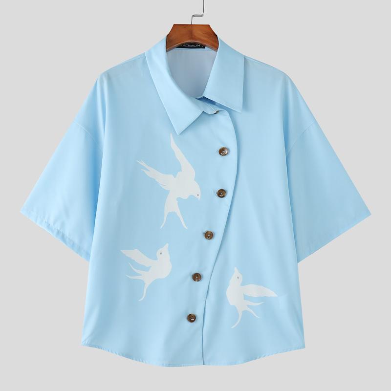 INCERUN Oversized Men Lapel Neck Short Sleeve Side Buttons Up Print Casual Loose Shirts