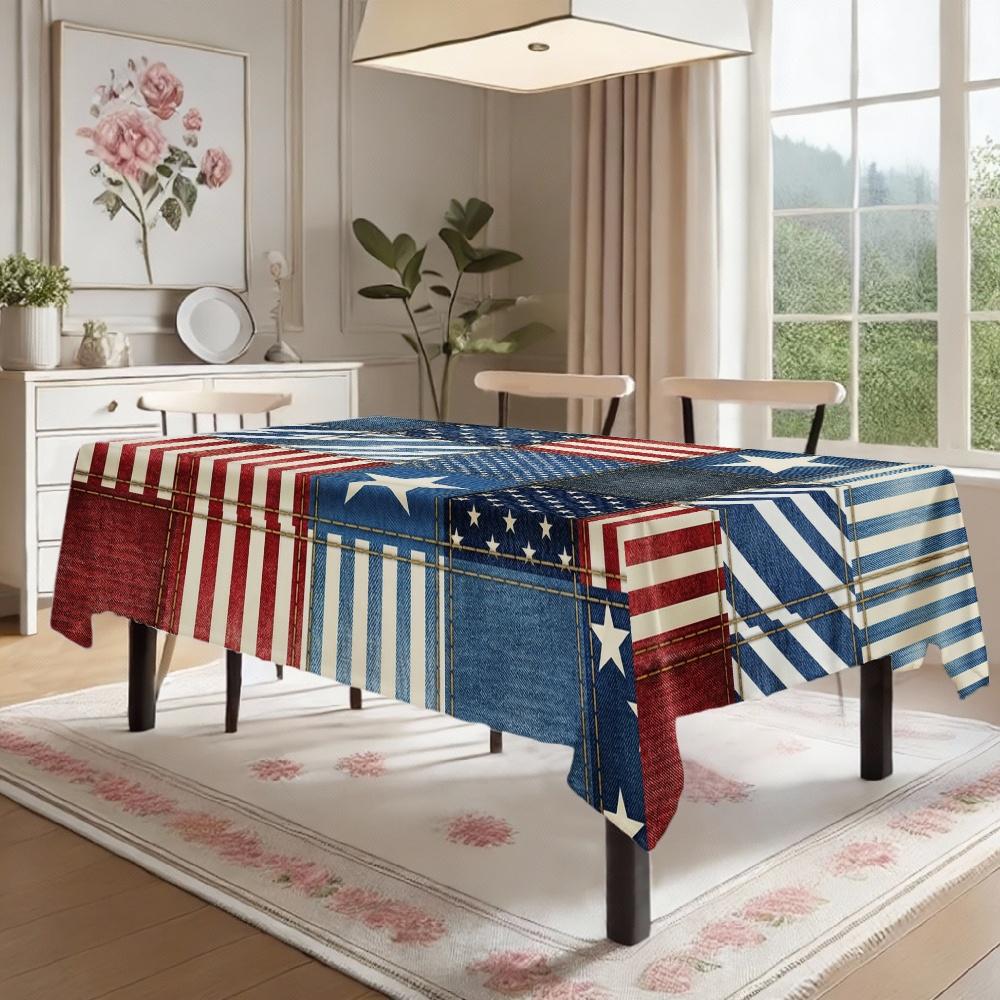 American Flag Patchwork Rectangle Tablecloth for Table Decor Holiday Party Waterproof Reusable Table Cloth for Table Dining Room