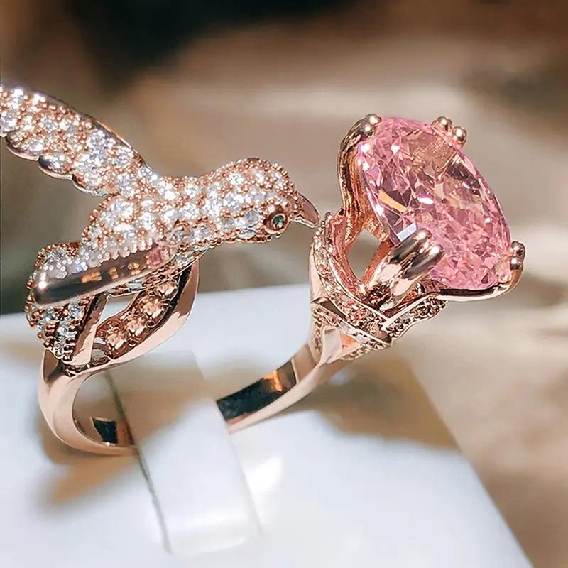 Luxury Hummingbird Animal Opening Ring Female Rose Gold Color Pink Zirconia Finger Accessories Party Adjustable Jewelry