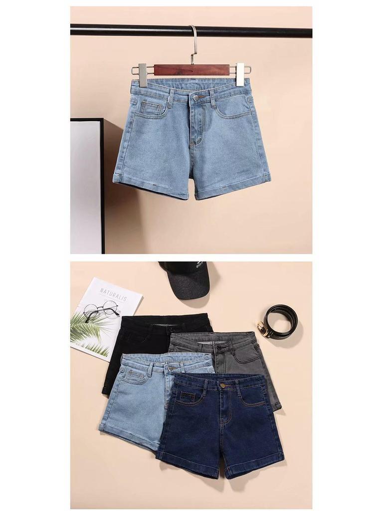 Women's High Waist Black Denim Shorts - 2025 Korean Style, Elastic, Slimming, Rolled Hem, Trendy Summer Hot Pants