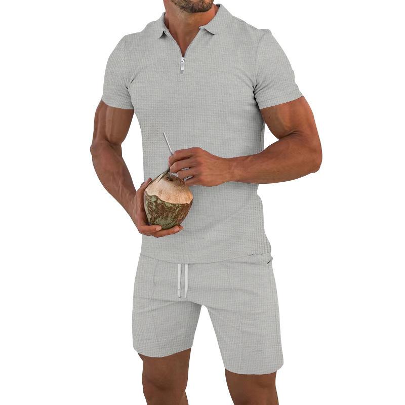 Summer Men's Polo Zipper Collar Versatile Casual Loose Texture Short Sleeve Shorts Sport Set
