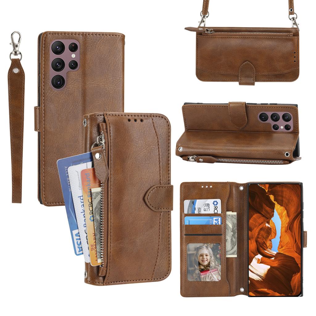 For Samsung Galaxy S26 Ultra Case Zipper Pocket Leather Phone Cover with Crossbody Shoulder Strap