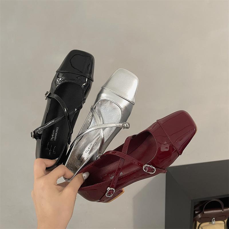 Silver Mary Jane Shoes Women's Shoes Spring and Autumn New Thick Heel Light Mouth Fairy Shoes Evening Breeze Gentle  Shoes