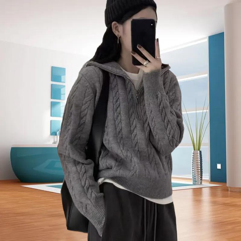 Thickened Retro Autumn and Winter New Knitted Sweater Thick Needle Twist Half Zipper Sweater Women's Coat Women's Trend