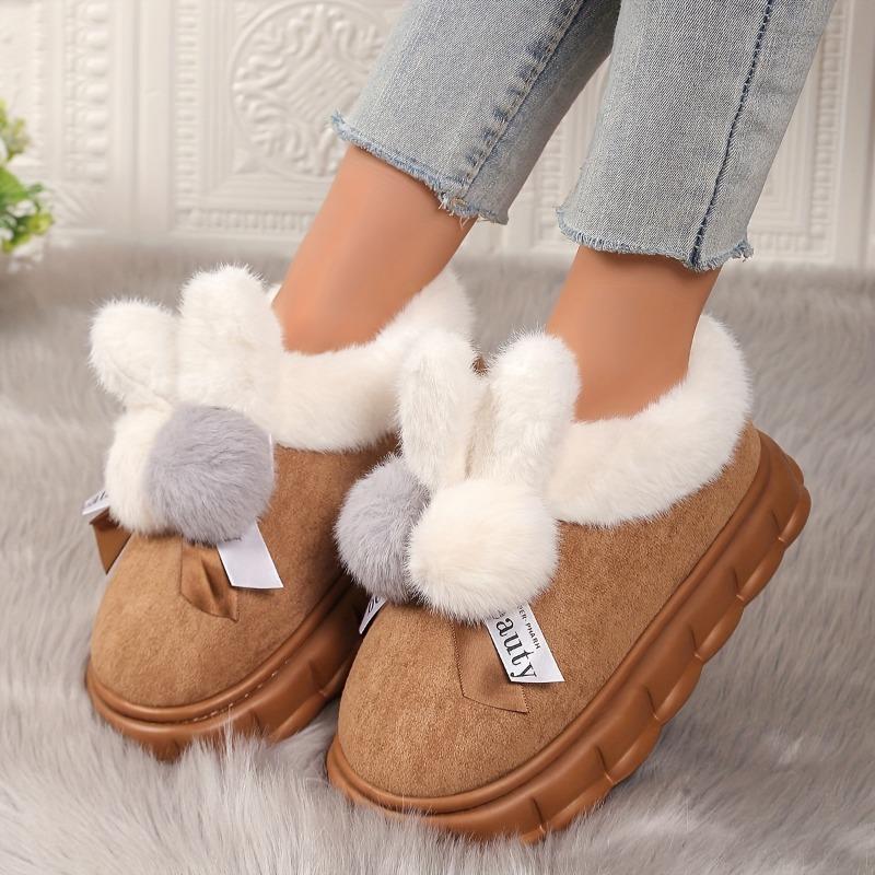 Thick Bottom Bow Rabbit Plush Cotton Shoes Household Women Home Simple Warm Snow Boots Anti-slip