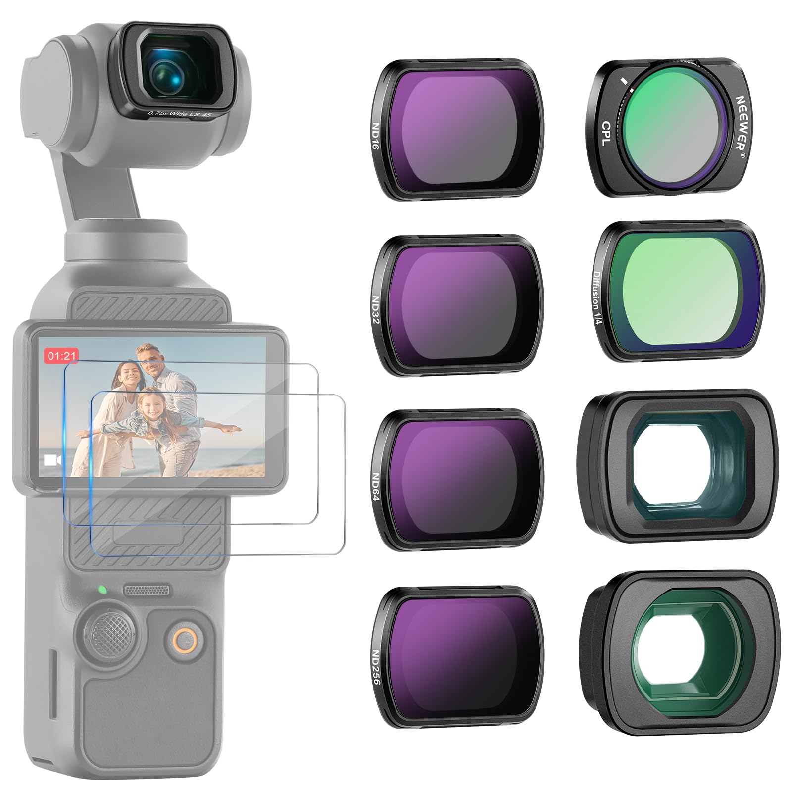 

NEEWER ND Filter Set Wide Angle Lens Compatible DJI Osmo Pocket 3 ND16 ND32 ND64 ND256 CPL Filter Black Diffusion Filter 2x Macro Lens with Screen