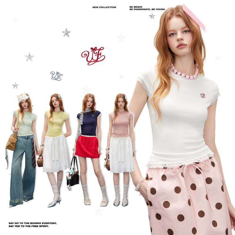 UNIFREE Women s Embroidered Lace Trim Slim Fit T-shirt M