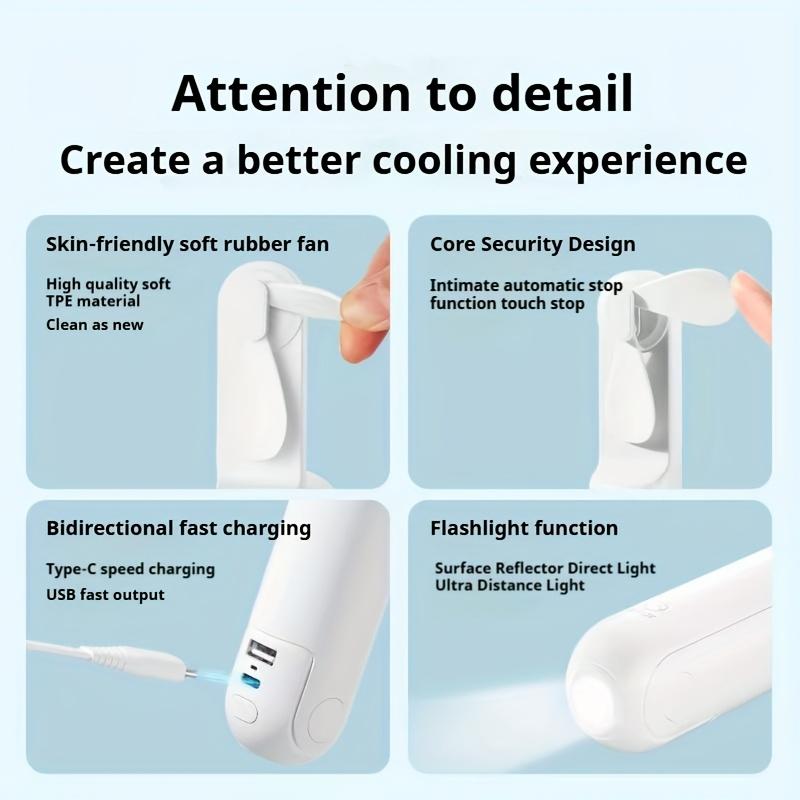 Portable Handheld Fan with Night Light, Mini Power Bank 1200mAh Lithium Battery, USB Charging, 2 Speed Adjustable, Foldable Design,Outdoor Travel Use