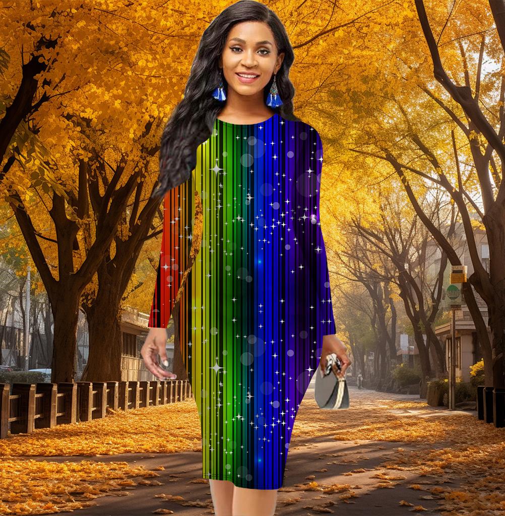 Long Sleeve Waist Tight Office Slim Fit Beautiful Lines Vortex Printing Elegant Bodycon Dress