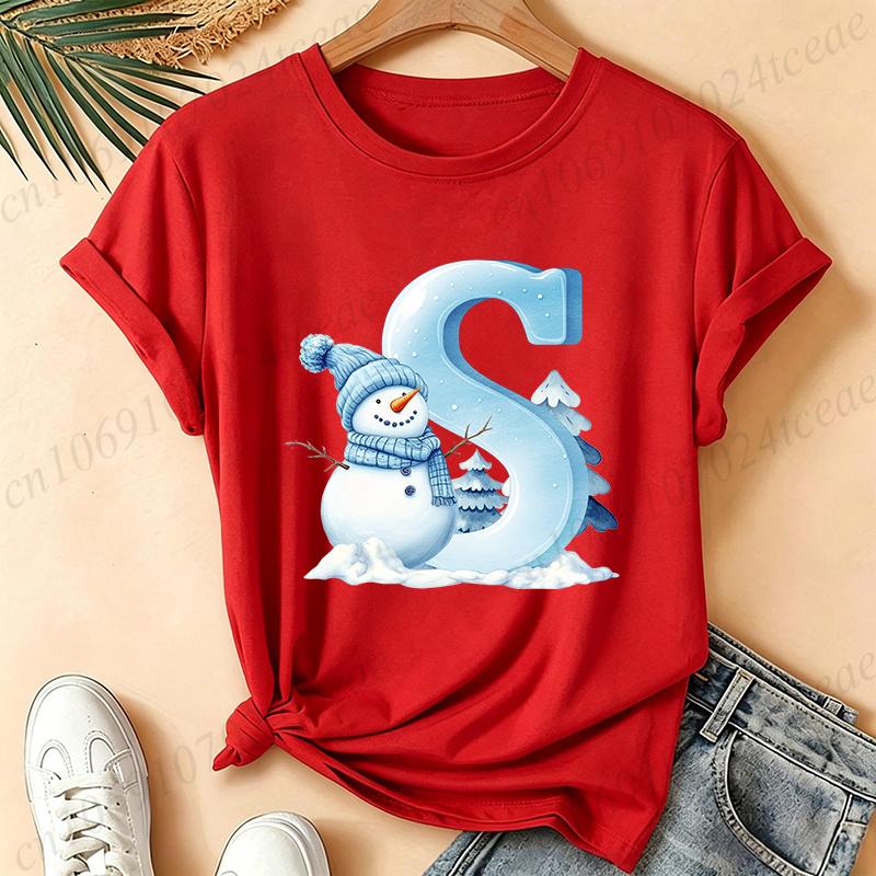 Christmas Snowman Alphabet T-Shirt Women Blue Ice Alphabet Graphic Tees Christmas Holiday Casual Red Short Sleeve Unisex Tops