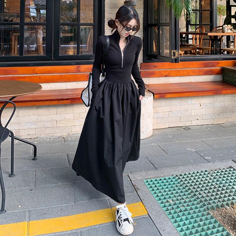 Korean version of Polo collar light mature style niche design temperament slim waist white knitted dress women's autumn