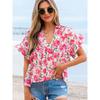 American Shiying Flower Print Loose Pullover Women 2025 Summer New Frill V-neck Short Sleeve T-shirt