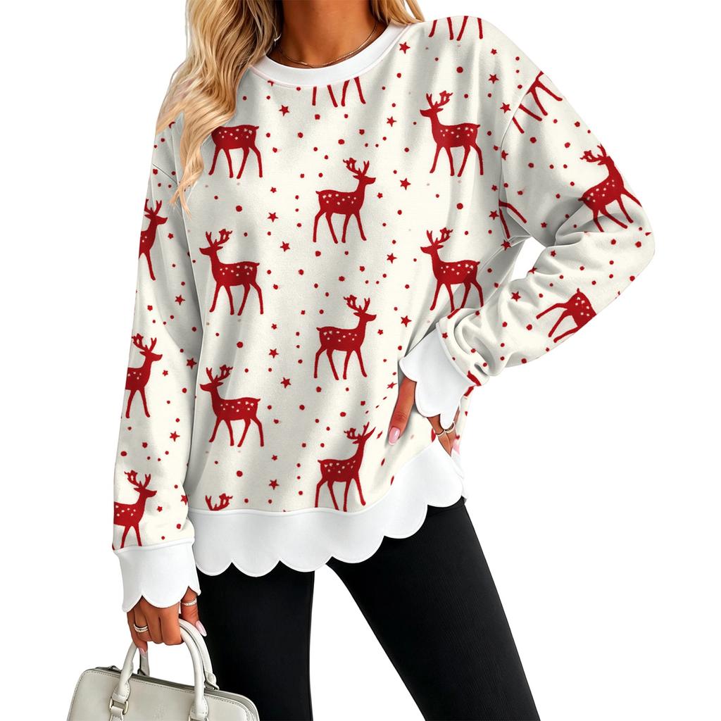 Women's Christmas Print Crewneck Sweatshirt with Scalloped Wavy Hem for Holiday Casual Wear