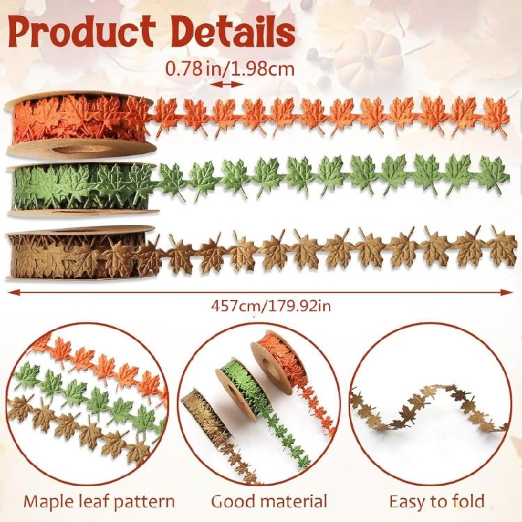 3 Rolls Maple Leaf Ribbons Green Brown Orange Decorative Ribbons Craft Ribbons Gift Wrapping Ribbon Fall Ribbons