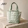Tote Bag Striped Canvas Bag, Stylish Reusable Grocery with Reinforced Shoulder Strap Front Pocket, for Shopping Picnic Commuting Durable