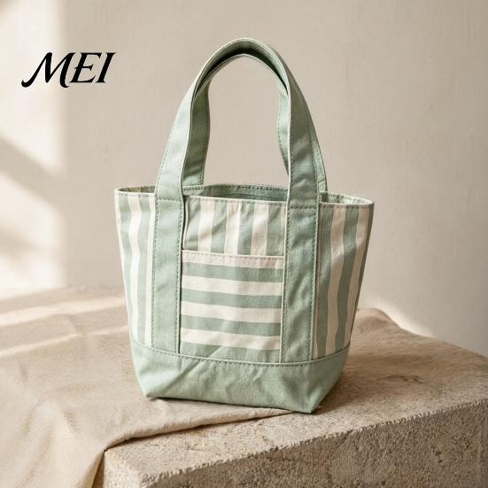 Tote Bag Striped Canvas Bag, Stylish Reusable Grocery with Reinforced Shoulder Strap Front Pocket, for Shopping Picnic Commuting Durable