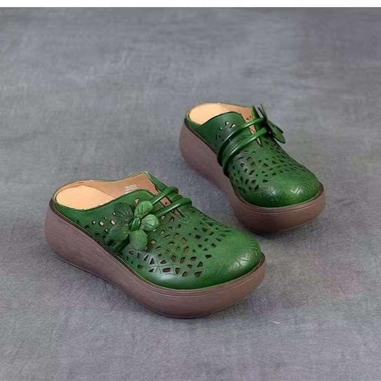 Summer Hollow Retro Soft Leather Half Slippers Women's 2025 Summer New Thick-soled Flower Outer Wear Bag Head Hole Slippers