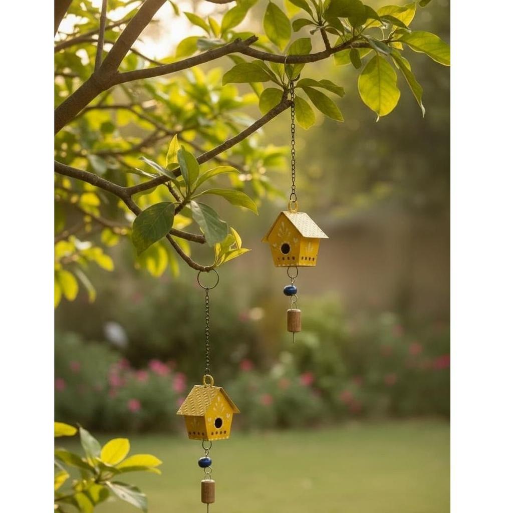 2 Pc Hut Wall Hanging Decor | Garden Tree Hanging Bells Decoration | Handpainted Hanging Ornaments for Home Living Room