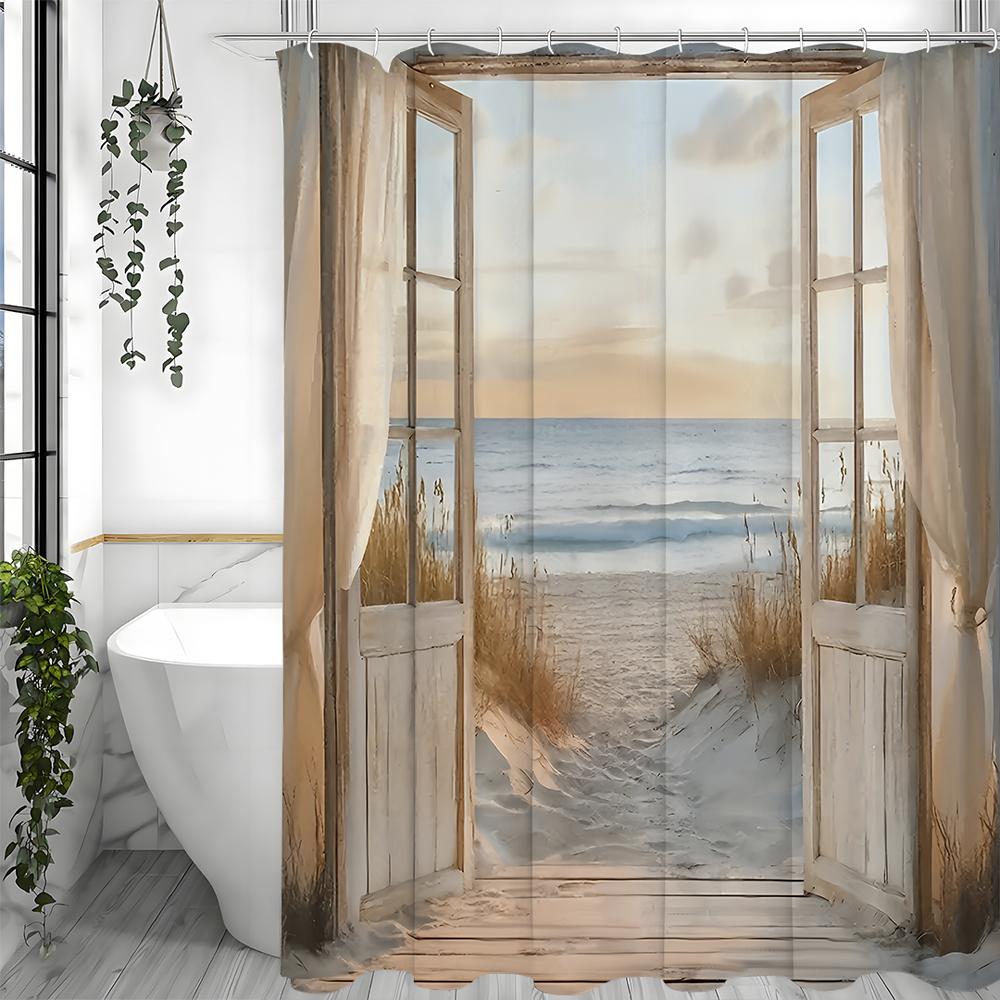 Ocean Beach Holztür Botanischer Duschvorhang, Badezimmer Dekorativer Duschvorhang, Wasserdichter Duschvorhang mit Haken