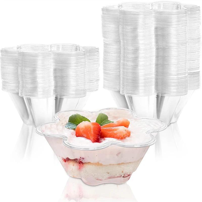 50Pcs Clear Dessert Cups, Disposable Ice Cream Bowls, Flower Shape Serving Cups for Party, Chocolate, Appetizers, Snack