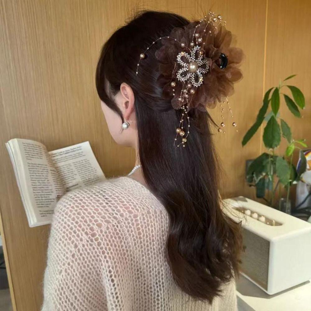Mesh Sunflower Hair Claws Pearl Tassel Hair Gripper Elegant Shark Hairpins  Women Headdress