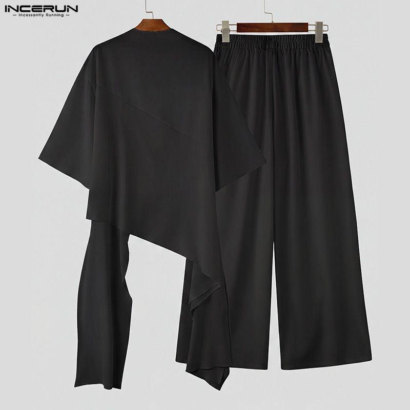 INCERUN Mens Vintage Ethnic Sets Solid Color Stand Collar Long Sleeve Irregular Tunic Top and Loose Pants Outfits