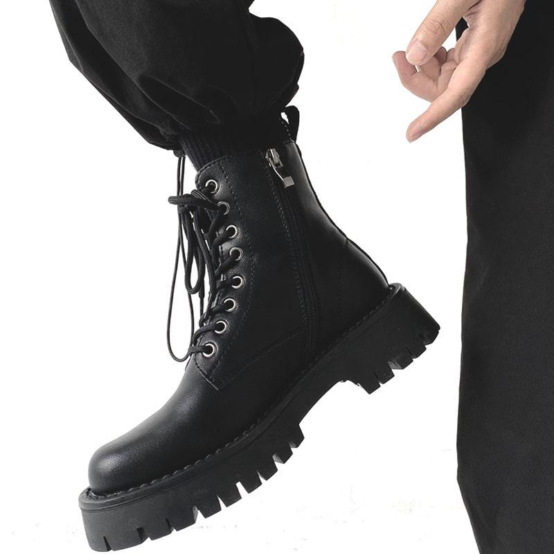 

British style black Martin boots men s ins cool side zipper leather tooling locomotive boots European and American platform high-top shoes 38