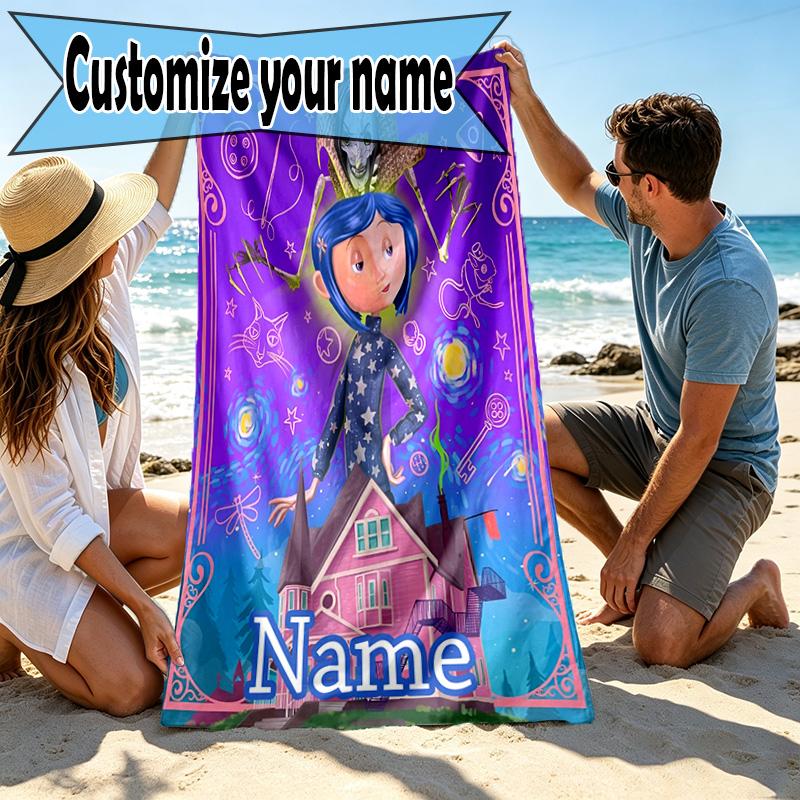 Custom Name Personalized Coraline Print Beach Towel, for Trip Camping Beach Party Home Decor, Birthday Gift for Family & Friends