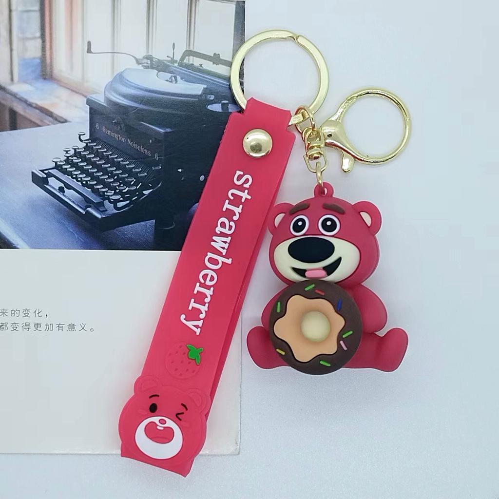 New Creative Cartoon Greedy Strawberry Bear Keychain Bag Car Keychain Accessories Wholesale Kawaii Cute Personalized Gifts Y2k