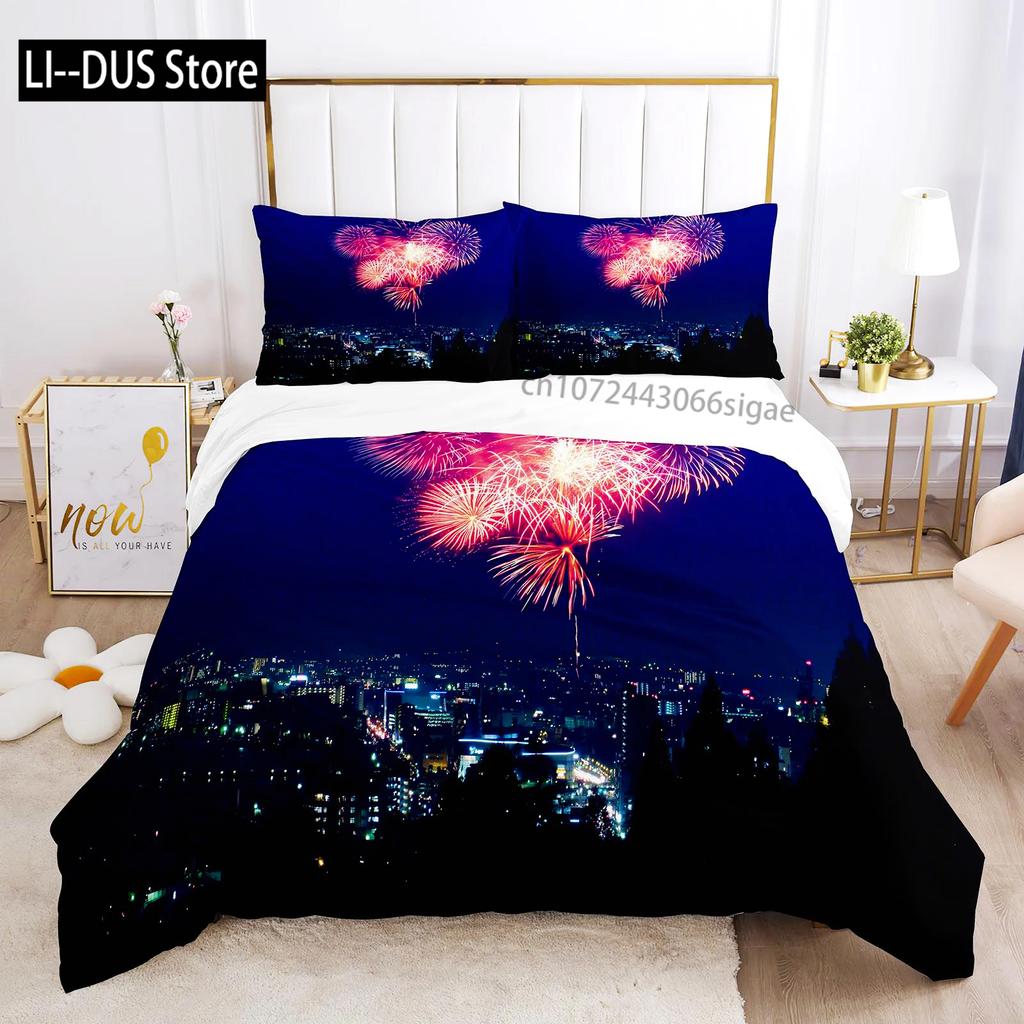 Colourful Fires Bedding Set Washed Cotton Firework Duvet Cover Queen Size Celebrate Merry Christmas Theme Soft Comforter Cover