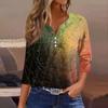 Women's Fashion Casual T-Shirt V-Neck Seven Sleeve  Printed Button Top