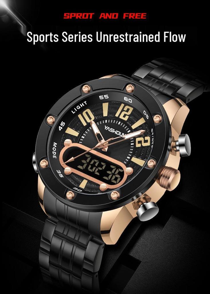 Yashidun Men's Luminous Dual Display Waterproof Quartz Watch with Steel Band