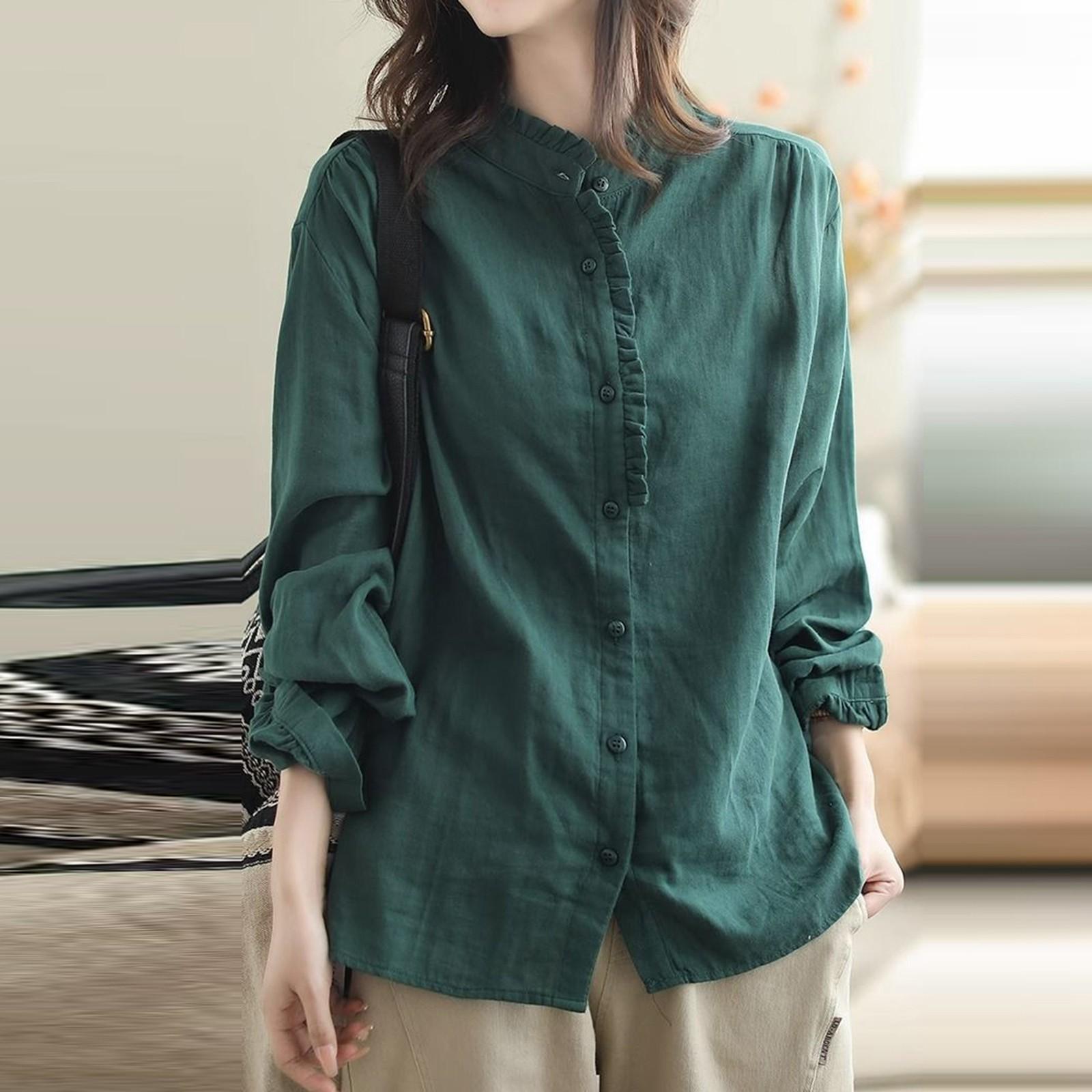 

Винтажные рубашки и блузки из хлопка и льна, летние и осенние, повседневные рубашки с длинным рукавом, рубашки с оборками и пуговицами, свободные блузки, топы XXL зелёный
